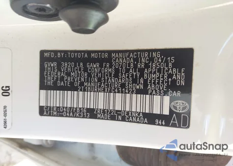 2015 Toyota Corolla Le from USA, damaged, VIN 2T1BURHEXFC411423